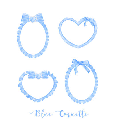 set of Trendy Blue Coquette frame with ribbon bow Watercolor hand painting soft pastelのイラスト素材