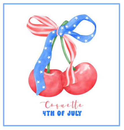 Coquette 4th of July Cherry with stars and stripes ribbon Bow Watercolor.のイラスト素材