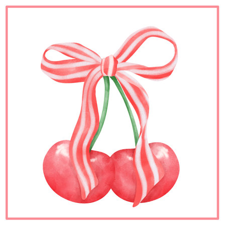 Coquette Cherry with Red Ribbon Bow. Festive 4th of July Watercolor.のイラスト素材
