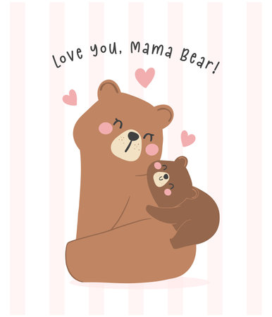 Heartwarming Mothers Day Bear Mom and Baby cuddle Cub Adorable Greeting Card Illustration.のイラスト素材