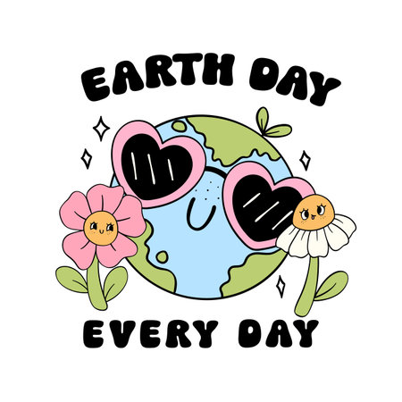 Retro Earth Day Pastel Doodle Drawing Cartoon Character, shirt design printable.のイラスト素材