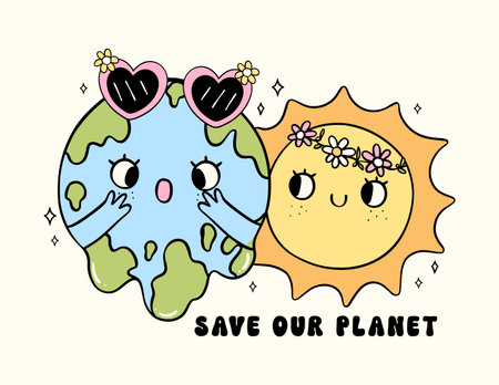 Retro Earth Day, melted globe and sun Pastel Doodle Drawing Cartoon Character, save our planet shirt design printable.のイラスト素材