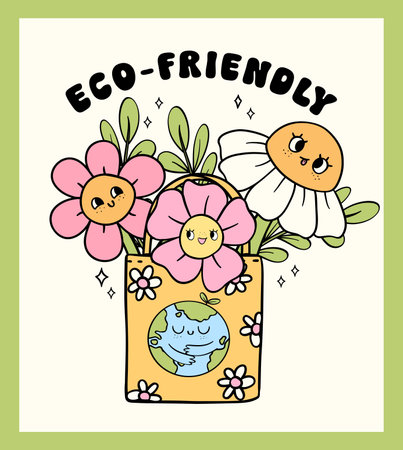 Retro Earth Day, eco friendly shopping bag Pastel Doodle Drawing Cartoon Character, save the ocean shirt design printable.のイラスト素材