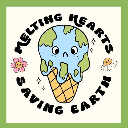 Retro Earth Day, melted globe ice cream Pastel Doodle Drawing Cartoon Character, shirt design printable.のイラスト素材