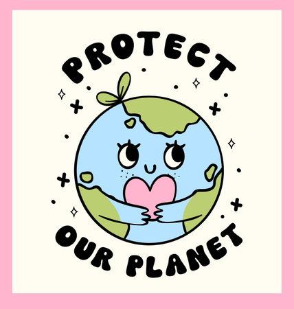 Retro Earth Day, cute earth hug heart, protcet out planet, Doodle Drawing Cartoon Character, shirt design printable.のイラスト素材