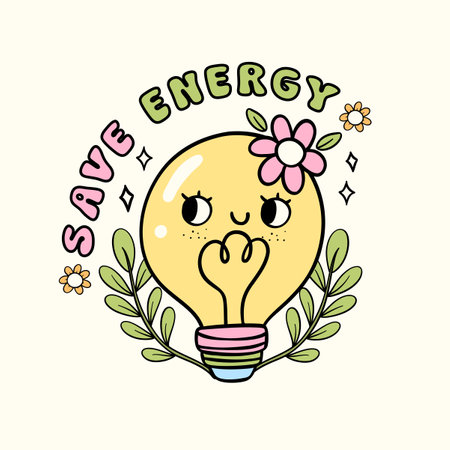 Retro Earth Day, cute light blub Pastel , save energy, Doodle Drawing Cartoon Character, shirt design printable.のイラスト素材
