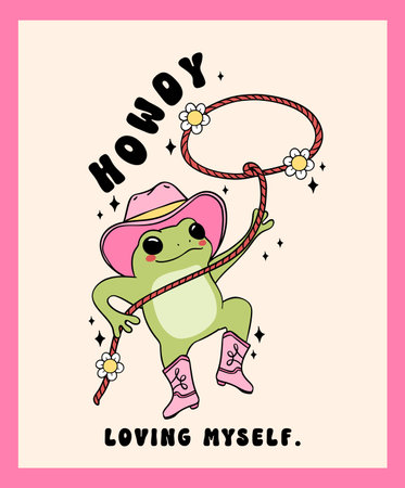 Groovy Cowboy Frog with lasso robe Trendy self love Retro Minimal drawing wall art printable Aestheticのイラスト素材