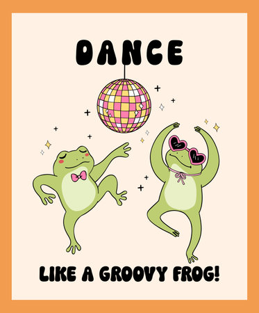 Groovy Disco Frog Dancing with disco ball Trendy Retro Minimal drawingのイラスト素材