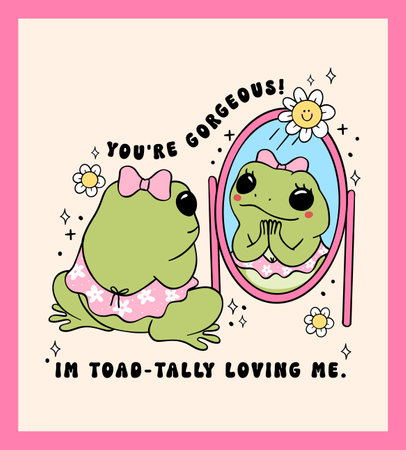 Self Love Retro Frog Girl reflection in mirror minimal doodle drawing wall art printbleのイラスト素材