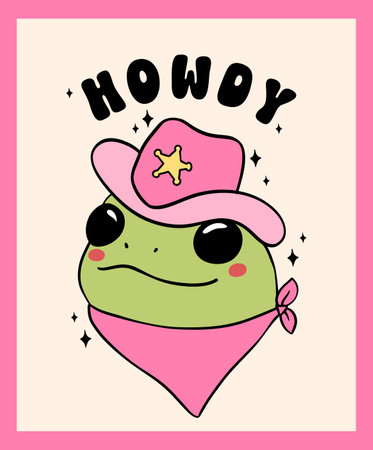 Groovy Cowboy Frog with hat howdyTrendy self love Retro Minimal drawing wall art printable Aestheticのイラスト素材