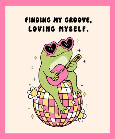 Groovy Frog Play guitar Trendy Retro Minimal drawing wall art printableのイラスト素材