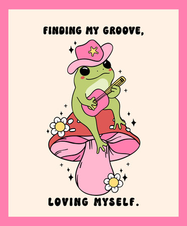 Groovy Cowboy Frog Play guitar Trendy self love Retro Minimal drawing wall art printableのイラスト素材