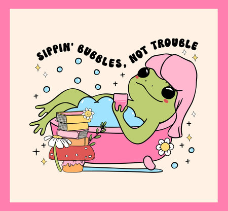 Groovy Retro frog in bathtub, self care relax time funky Minimal vibrant pastel drawing wall art printableのイラスト素材