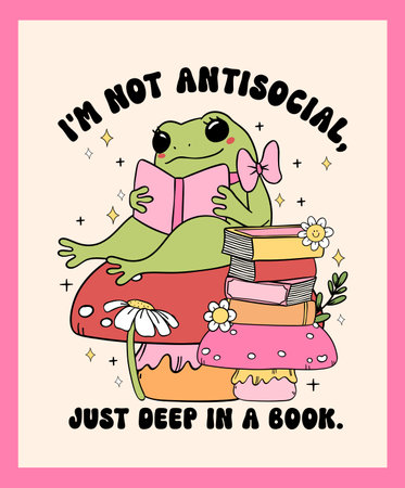 Groovy Frog reading book antisocial book club Retro Minimal vibrant pastel drawing wall art printableのイラスト素材