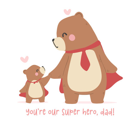 Fathers day bear happy super hero dad hold hand with baby together Heartwarming Cartoon Illustrationのイラスト素材
