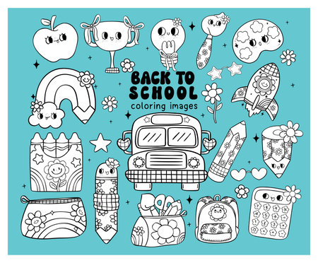 Groovy Retro School Supplies Cartoon Outline Doodles for Coloring, back to school imagesのイラスト素材
