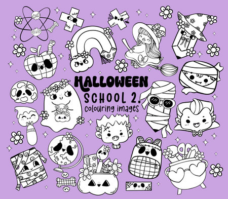 Retro Halloween School Supplies colouring image Collection Cute Back to School Spooky Cartoon Doodle Characters setのイラスト素材