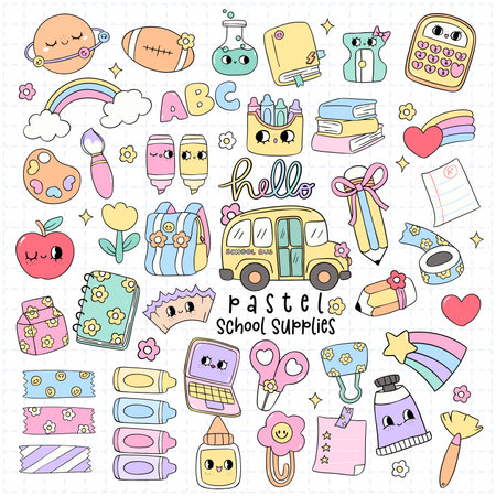 Retro Pastel School Supplies Doodle collection Trendy Rainbow Colors with School Bus and Cartoon Character set.のイラスト素材