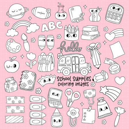 Retro School Supplies Doodle colouring images outline collection Trendy School Bus and Cartoon Character set.のイラスト素材
