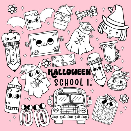 Retro Halloween School Supplies coloring images collection Cute Back to School Cartoon Doodle Characters with Groovy School Busのイラスト素材