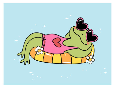 Retro Groovy Summer Frog in swimsuit on beach ring cartoon character Summer vibe doodleのイラスト素材