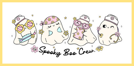 Cute Ghost Halloween Nurse Boo Crew banner Pastel medical nurse life collection doodle idea for  T Shirt Sublimation Designのイラスト素材