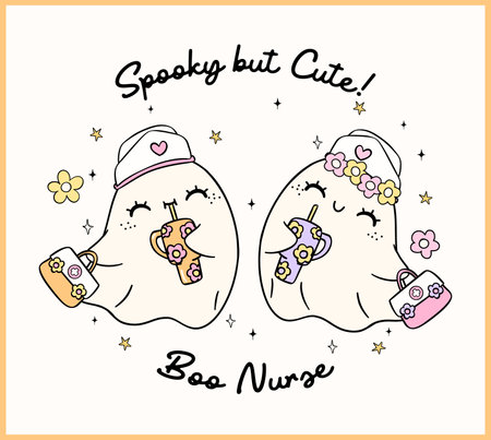 Cute Ghost Halloween Nurse Cartoon Pastel Spooky Doodle idea for T Shirt Sublimation Designのイラスト素材