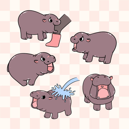 cute grumpy baby pygmy hippo moo deng cartoon character collectionのイラスト素材
