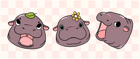 cute grumpy baby pygmy hippo moo deng face banner cartoon character collectionのイラスト素材