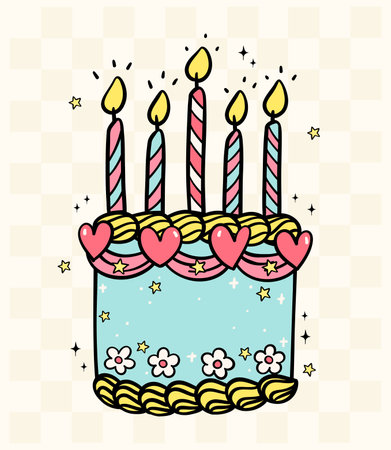 Groovy Retro Cake blue with candles Doodle Pastel Bold Line Festive Design idea for greeting card