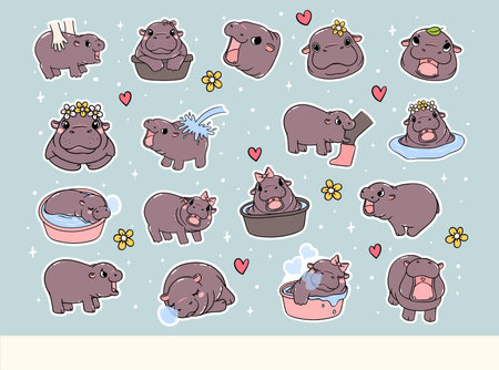 Grumpy Baby Pygmy Hippo Playful bouncy pig Cartoon Hand Drawn Doodle Sticker Sheetのイラスト素材