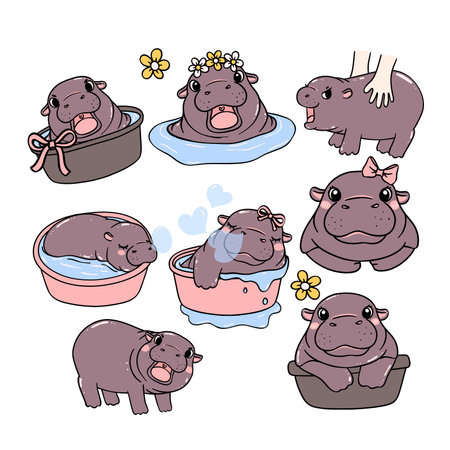 cute baby pygmy hippo bouncy pig cartoon character collectionのイラスト素材