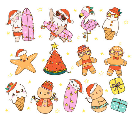 Group of Cute Groovy Summer Christmas Tropical Holidays Element Symbol cartoon doodle hand drawn collectionのイラスト素材