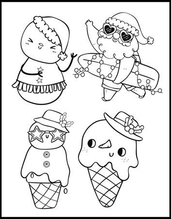 Cute Groovy Summer Christmas cartoon Coloring page white and black outlineのイラスト素材