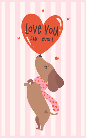 Cute Valentine Dachshund Dog with Heart Retro Cartoon Illustration Greeting Card Printableのイラスト素材