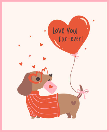 Cute Valentine Dachshund Dog with loveletter and Heart Balloon Retro Cartoon Illustration for Greeting Cardsのイラスト素材