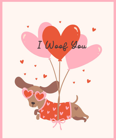 Cute Valentine Dachshund Dog floating by Heart Balloons I woof you Retro Cartoon Illustration for Greeting Cardsのイラスト素材