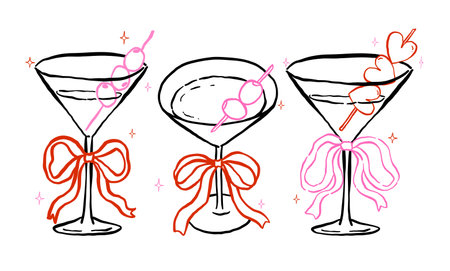 Whimsical Martini Glasses with Bow and olive Outline Hand Drawn Groovy Retro Playful Style setのイラスト素材
