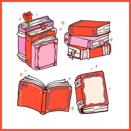 Retro Valentine Bookish Groovy Hand Drawn Book Stack Whimsical Hand Drawn setのイラスト素材