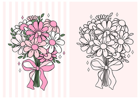 Coquette Flowers with Ribbon Bow Retro &#xA;minimal Outline Hand Drawnのイラスト素材