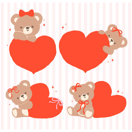 Retro Coquette Teddy Bear with Red Heart Valentine Cartoon Hand Drawn flat design setのイラスト素材