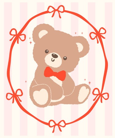 Adorable Coquette Teddy Bear with Bow in Ribbon Frame Cartoon Hand Drawn flat designのイラスト素材