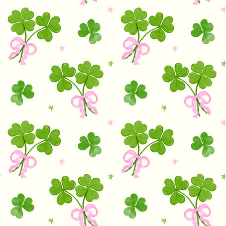 Coquette Seamless Pattern 4 Leaf Clover with pink bow wallpaper watercolorの写真素材