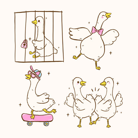 Cute Silly Goose On the loose Clipart Set Funny Cartoon Character Meme Hand Drawn Doodle Setのイラスト素材