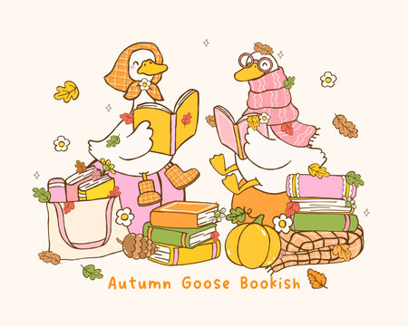 Cute Autumn Bookish Silly Goose Reading Book Cozy Fall Cottagecore Vibe Cartoon Hand Drawn Illustrationのイラスト素材