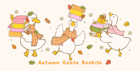 Cute Autumn Bookish Silly Goose Fall Reading Book Cartoon Hand Drawn Bannerのイラスト素材
