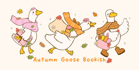 Cute Autumn Bookish Silly Goose Reading Book Cozy Fall Vibe Cartoon Hand Drawn Bannerのイラスト素材