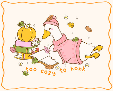 Cute Autumn Bookish Silly Goose Reading Book Cozy Fall Vibe Cartoon Hand Drawn Illustrationのイラスト素材