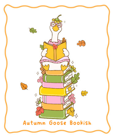Cute Autumn Bookish Silly Goose Reading Cartoon Hand Drawn, Happy Goose Sitting on Stacked Books Illustrationのイラスト素材