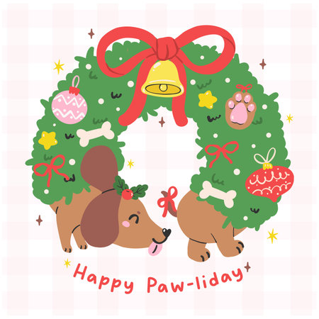 Festive Christmas Dachshund Dog in Wreath Shape with Red Bow and Jingle Bell Hand Drawn Cartoon Illustrationのイラスト素材